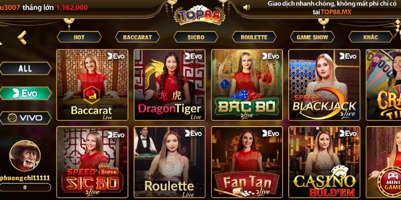 TOP88 - Cổng Giải Trí Uy Tín | Nạp Rút Nhanh Từ 1 Đến 2 Phút 2 Live Casino sử dụng hình ảnh chuẩn HD